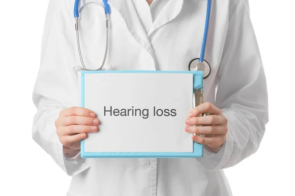 Female Doctor Holding Clipboard Text Hearing Loss White Background — Stock Photo, Image