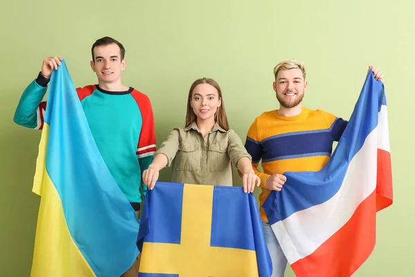 Young People Different Flags Color Background — Stock Photo, Image