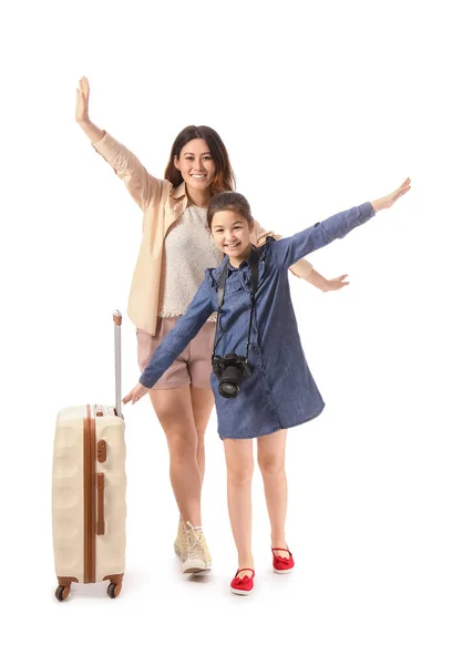 Happy Mother Daughter Luggage White Background Concept Tourism — Stock Photo, Image