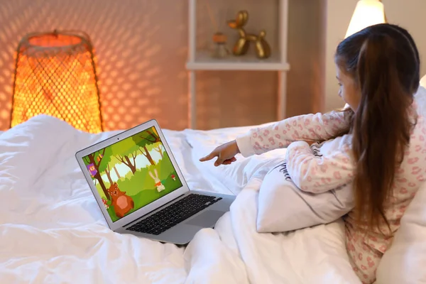 Cute Girl Watching Cartoons Bedroom — Stock Photo, Image