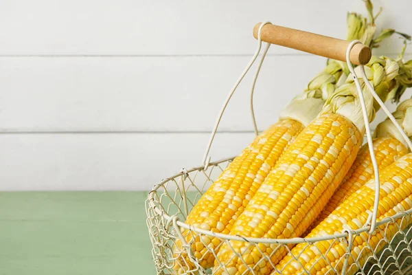 Basket Fresh Corn Cobs Light Wooden Background — Stock Photo, Image