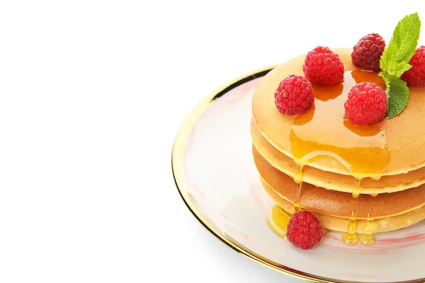 Plate Tasty Pancakes Honey Berries White Background Closeup — Stock Photo, Image