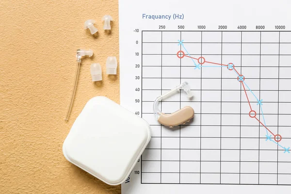 Аудіограма Слуховим Апаратом Аксесуарами Кольоровому Фоні — стокове фото