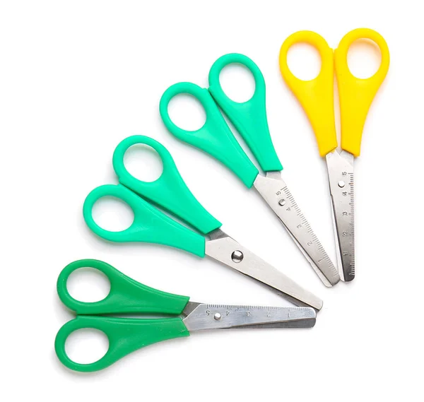 Yellow Scissors Green Ones White Background Concept Uniqueness — Stock Photo, Image