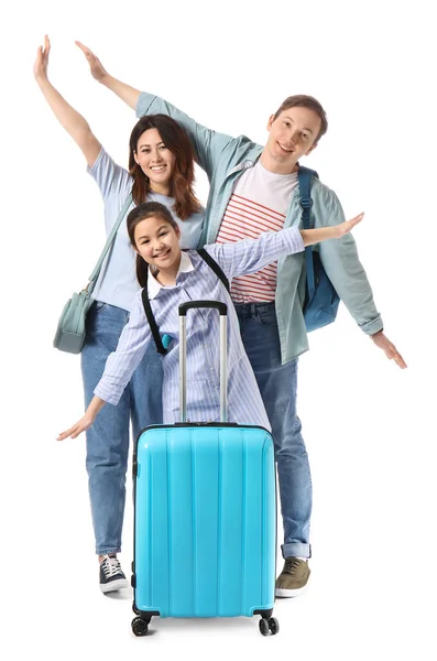 Happy Family Luggage White Background Concept Tourism — Stock Photo, Image