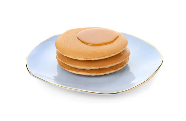 Plate Tasty Pancakes Honey White Background — Stock Photo, Image