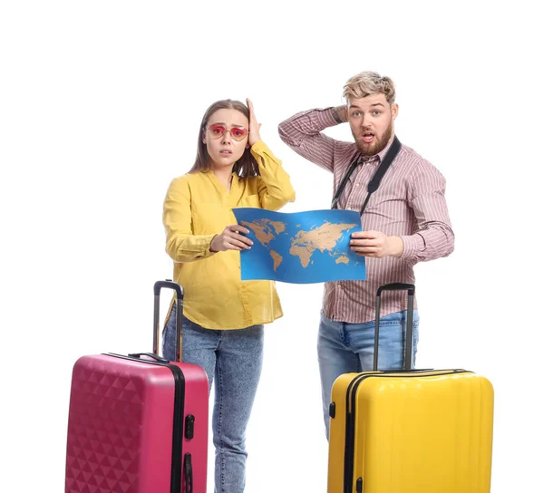 Couple Confused Tourists Map White Background — Stock Photo, Image