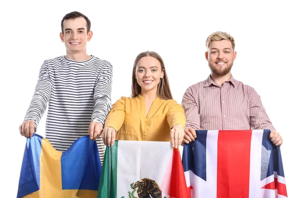 Jeunes Avec Des Drapeaux Différents Sur Fond Blanc — Photo