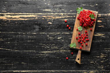 Taze kırmızı üzümlü pano ve koyu ahşap arka planda yapraklar.