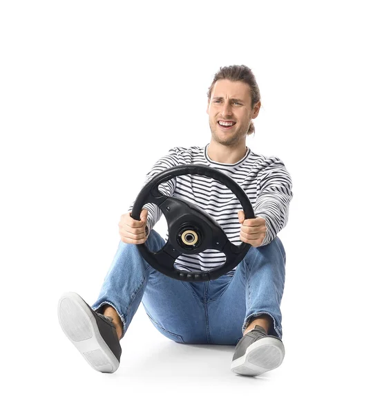 Young Man Steering Wheel White Background — Stock Photo, Image