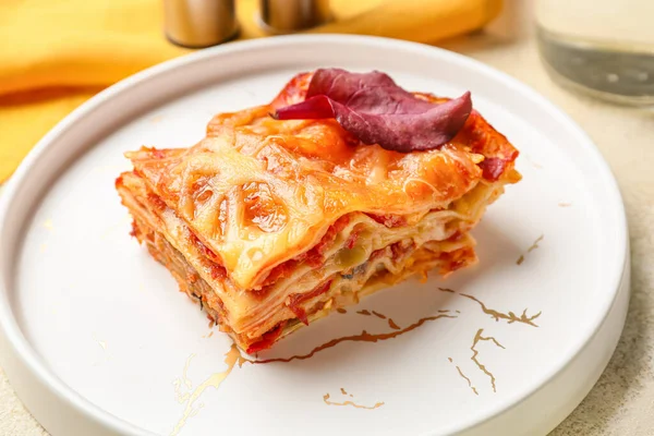 Delicious Lasagna Tomato Sauce Plate Table Closeup — Stock Photo, Image