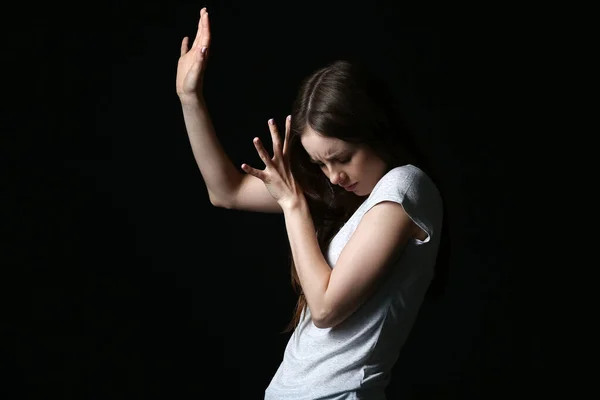 Scared Young Woman Dark Background Concept Harassment — Stock Photo, Image