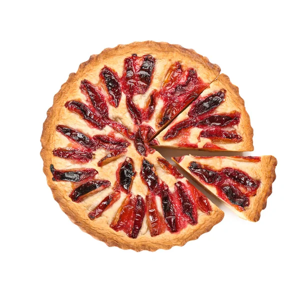 Tarte Aux Prunes Savoureuse Sur Fond Blanc — Photo