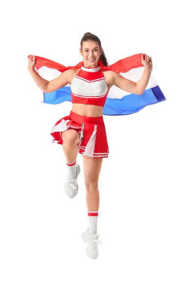 Cheerleader Indah Dengan Bendera Latar Belakang Putih — Stok Foto