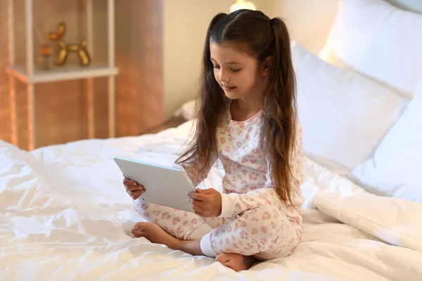 Cute Girl Watching Cartoons Bedroom — Stock Photo, Image