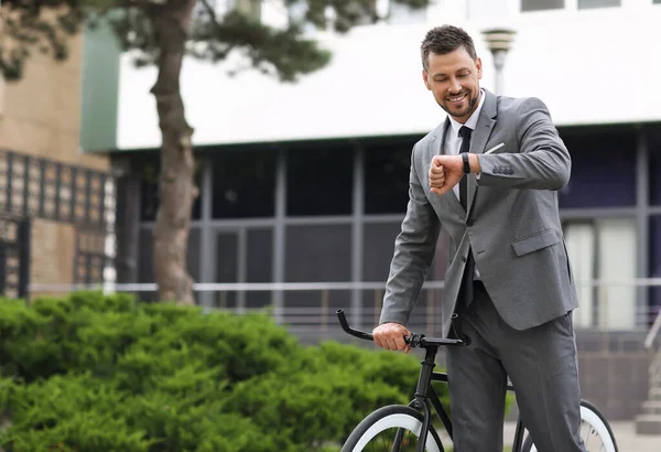 Businessman Bicycle Looking Wrist Watch City Street — Stock Photo, Image