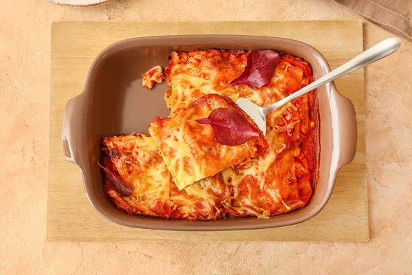 Baking Dish Delicious Lasagna Tomato Sauce Table — Stock Photo, Image