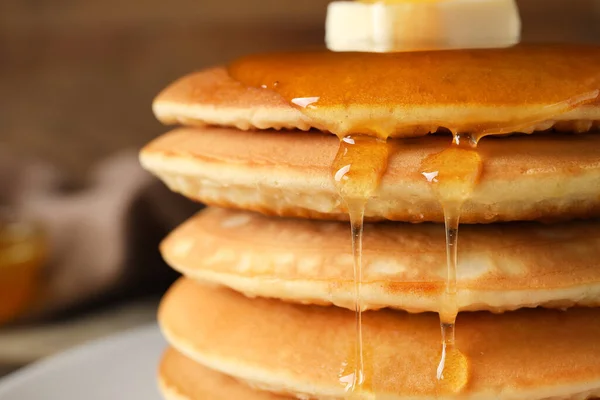 Tasty Pancakes Honey Butter Table Closeup — Stock Photo, Image