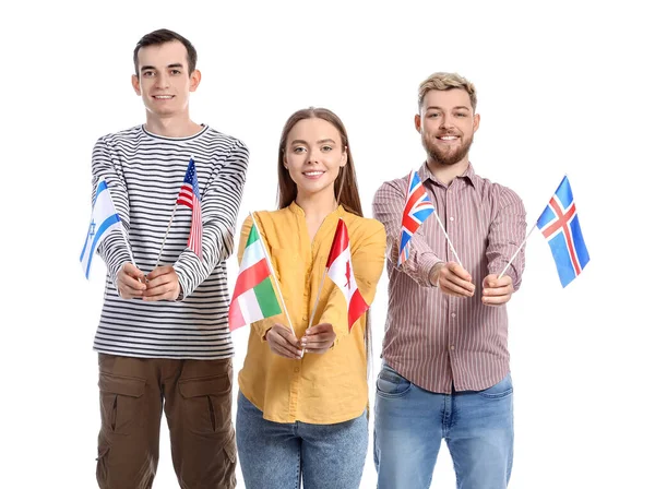 Jeunes Avec Des Drapeaux Différents Sur Fond Blanc — Photo