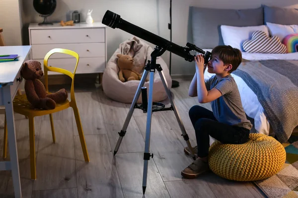 Little Boy Looking Stars Telescope Evening — Stock Photo, Image