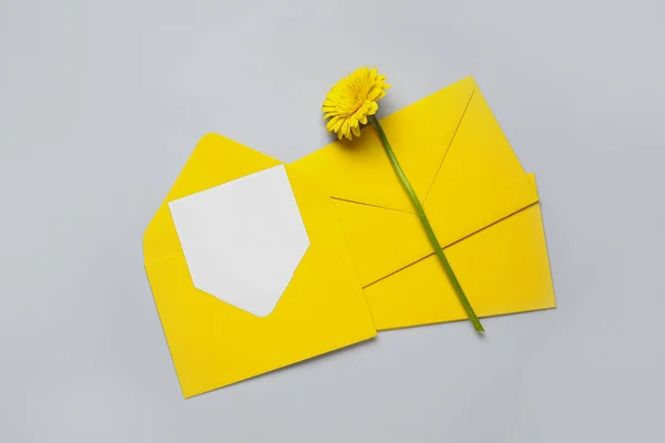Φάκελοι Κενή Κάρτα Και Λουλούδι Στο Φως Φόντο — Φωτογραφία Αρχείου