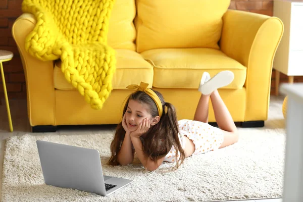 Cute Girl Watching Cartoons Home — Stock Photo, Image