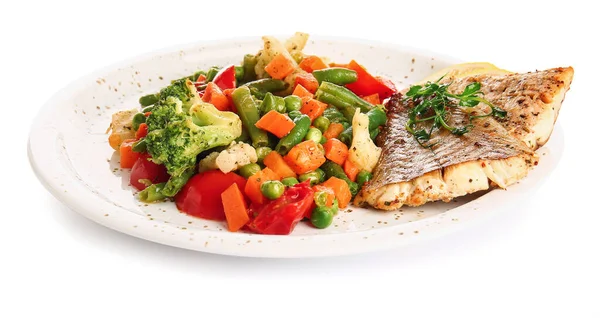Plate Tasty Baked Cod Fillet Vegetables White Background — Stock Photo, Image