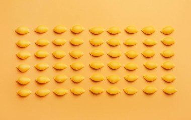 Renkli arkaplanda pişmemiş conchiglioni makarna