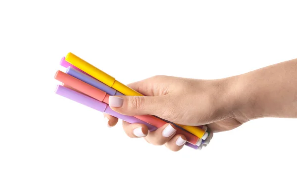 Woman Holding Different Colorful Markers White Background — Stock Photo, Image