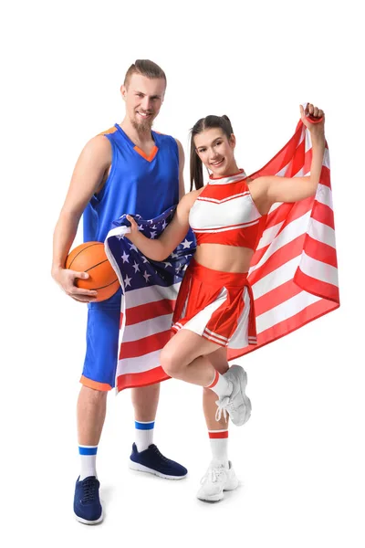 Cheerleader Dan Pemain Basket Dengan Bendera Usa Latar Belakang Putih — Stok Foto