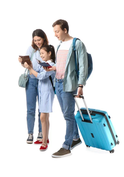 Happy family with luggage on white background. Concept of tourism