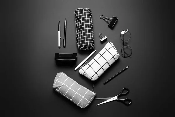 Different Pencil Cases Eyeglasses Stationery Dark Background — Stock Photo, Image