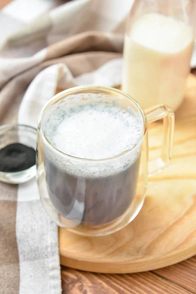 Glass Cup Tasty Charcoal Latte Table — Stock Photo, Image