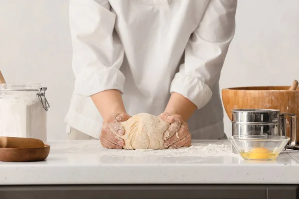 Female Chef Preparing Dough Kitchen Table Closeup — Stock Photo, Image
