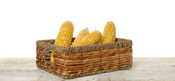 Wicker Basket Fresh Corn Cobs Table White Background — Stock Photo, Image