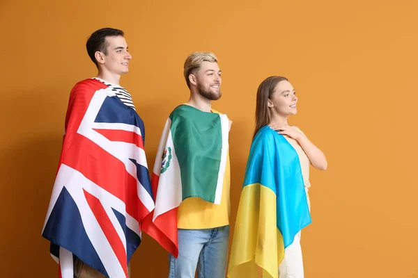 Young People Different Flags Color Background — Stock Photo, Image