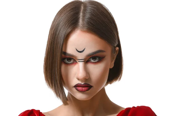 Wanita Cantik Berpakaian Seperti Penyihir Untuk Halloween Latar Belakang Putih — Stok Foto