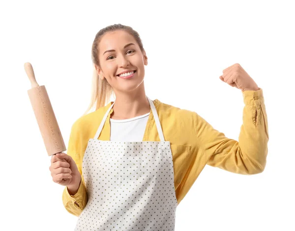 Femme Foyer Forte Avec Rouleau Pâtisserie Sur Fond Blanc — Photo