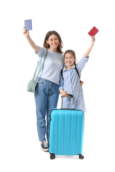 Happy Mother Daughter Luggage White Background Concept Tourism — Stock Photo, Image