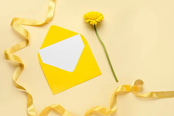 Envelope Blank Card Ribbon Flower Color Background — Stock Photo, Image