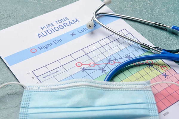 Audiogram Stethoscope Medical Mask Color Background Closeup — Stock Photo, Image