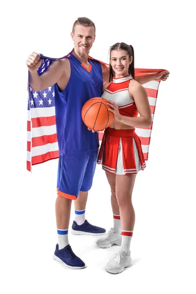Animadora Jugador Baloncesto Con Bandera Estados Unidos Sobre Fondo Blanco —  Fotos de Stock