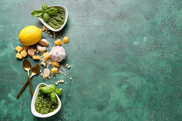 Composition Tasty Pesto Sauce Green Background — Stock Photo, Image
