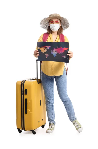 Female Tourist Medical Mask Map White Background — Stock Photo, Image