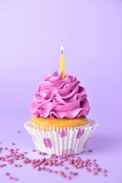 Tasty Birthday Cupcake Burning Candle Color Background — Stock Photo, Image