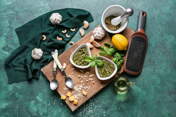 Composition Tasty Pesto Sauce Color Table — Stock Photo, Image