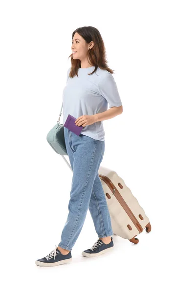 Junge Frau Mit Gepäck Auf Weißem Hintergrund Tourismuskonzept — Stockfoto