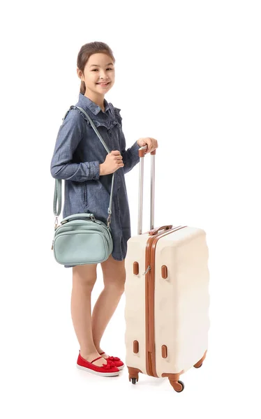 Little Girl Luggage White Background Concept Tourism — Stock Photo, Image