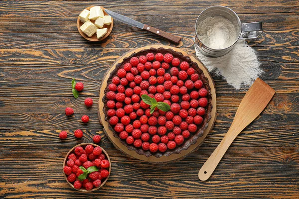 Board Tasty Raspberry Pie Mint Butter Flour Wooden Background — Stock Photo, Image