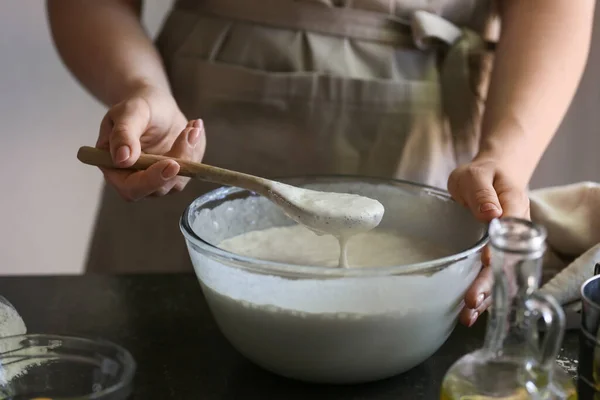 Female Chef Preparing Dough Kitchen Table Closeup — Stock Photo, Image